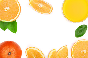 orange juice glass with slices of citrus and leaves isolated on white background with copy space for your text, top view