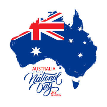 Australia Happy National Day, january 26 greeting card with hand lettering holiday greetings and brush stroke map of Australia with flag. Vector Illustration.