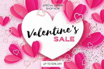 Fototapeta na wymiar Valentine's day sale. banner template. Pink heart in paper cut style on white background.Heart frame. Text. Shop market poster design. Romantic Holidays. Love. 14 February.