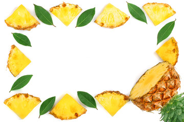 Sliced pineapple with leaves isolated on white background with copy space for your text. Top view