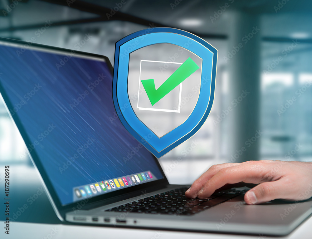 Wall mural shield symbol displayed on a futuristic interface - security and internet concept