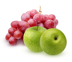 Bunch of red grapes and green apples on a white background.