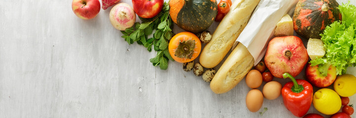 Set raw food wooden background border, top view. Healthy food