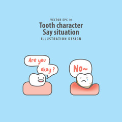 Tooth character Say situation between good tooth & periodontitis illustration vector on blue background. Dental concept.