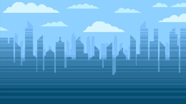 Blue City Skyscrapers Background, Pixel Art Video Game Style Illustration