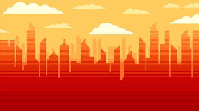 Red city skyscrapers background, pixel art illustration