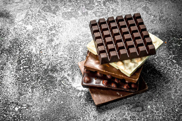 Dark, white and chocolate with nuts.