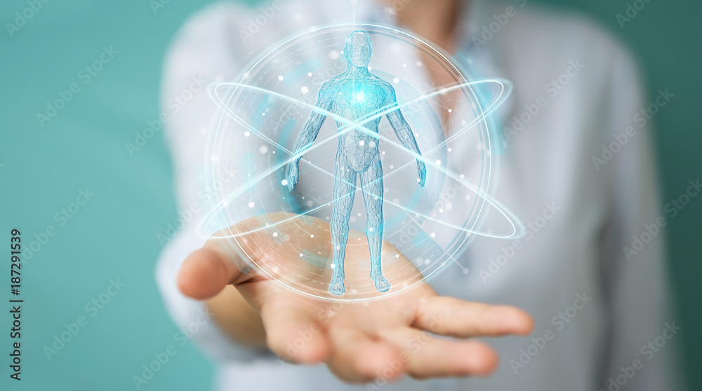 Poster businesswoman using digital x-ray human body scan interface 3d rendering