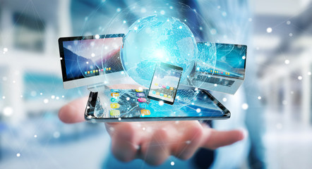 Businessman connecting tech devices and icons applications 3D rendering