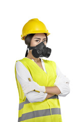 Portrait of asian woman construction worker with protective mask