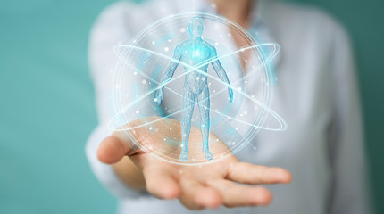 Businesswoman using digital x-ray human body scan interface 3D rendering