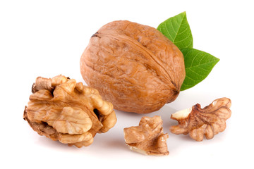Walnuts with leaf isolated on white background