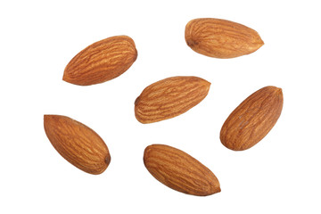 almonds isolated on white background without a shadow close up. Top view