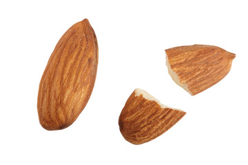 almonds isolated on white background without a shadow close up. Top view