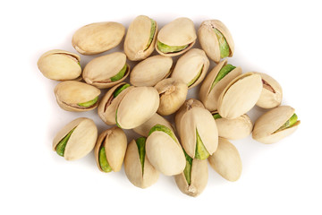 Pistachios isolated on white background, top view. Flat lay