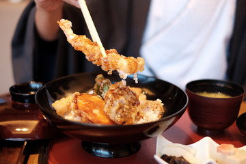 Deep Fried Shrimp and vegetables, Tempura Rice Bowl ,Japanese Tendon