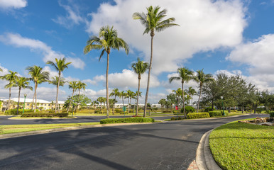 Fototapeta na wymiar Gated community condominiums with palms by the road, South Florida