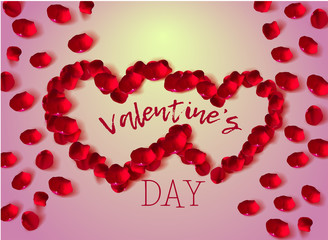 Beautiful premium illustration of congratulations on Valentine's day. Top view of two hearts made from realistic rose petals . Vector illustration.