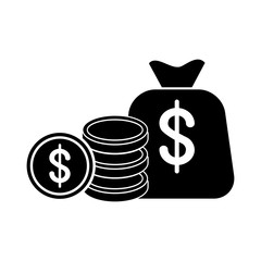Money bag with dollar stack black icon. Wealth, financial success. Cash payment sign. Flat vector cartoon illustration. Objects isolated on white background.