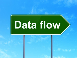 Data concept: Data Flow on green road highway sign, clear blue sky background, 3D rendering