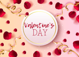 Beautiful premium illustration of congratulations on Valentine's day. Top view of realistic rose petals on a pink background and golden serpentine. Vector illustration.