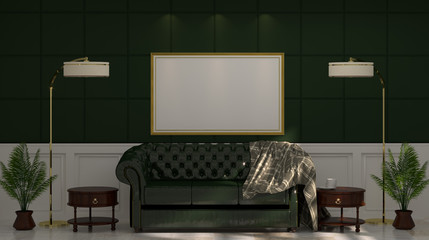 green sofa and lamp in front of  green wall with lamp and sideboard in empty room vintage style 3d rendering luxury living room modern mid century room interior home minimal design