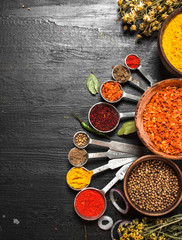 Spices and herbs with measuring spoons.