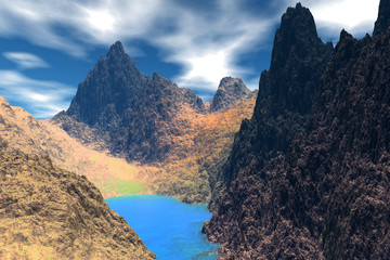 Obraz premium Alien Planet. Mountain and water. 3D rendering