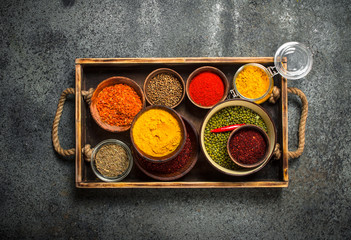 Obraz na płótnie Canvas Ground spices in bowls on a wooden tray.