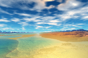 The lake on an alien planet. 3D rendering