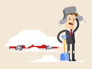Businessman digs car out of snow. Winter. Vector, illustration, flat