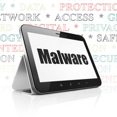 Privacy concept: Tablet Computer with  black text Malware on display,  Tag Cloud background, 3D rendering
