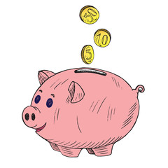Pink piggy bank with golden coins pour into it, hand drawn doodle sketch, isolated vector color illustration