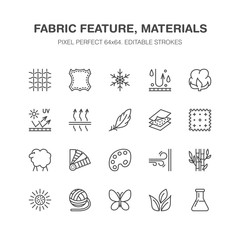 Obraz premium Fabric feature, clothes material vector flat line icons. Garment property symbols. Cotton wool, waterproof, wind resistant, uv protection. Wear label, textile industry pictogram. Pixel perfect 64x64.