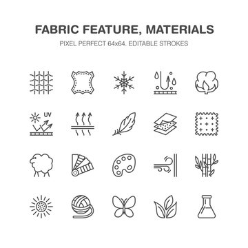 Fabric feature, clothes material vector flat line icons. Garment property symbols. Cotton wool, waterproof, wind resistant, uv protection. Wear label, textile industry pictogram. Pixel perfect 64x64.