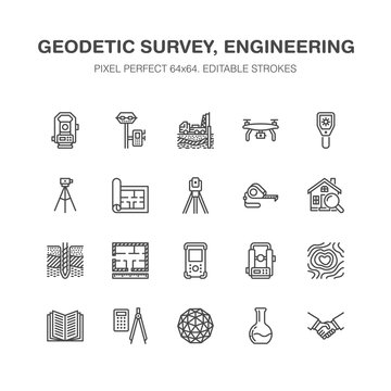 Geodetic survey engineering vector flat line icons. Geodesy equipment, tacheometer, theodolite, tripod. Geological research, building measurements. Construction service signs. Pixel perfect 64x64.