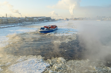 Icebreaker on the frozen river.