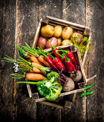 Organic food. Harvest of fresh vegetables in old boxes.