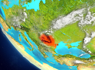 Satellite view of Romania in red