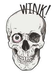 Human skull winks with one eye comic art style isolated. Hand drawn line art poster, sticker or patch design vector illustration
