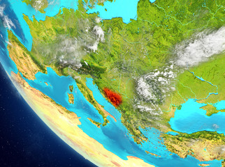 Satellite view of Bosnia and Herzegovina in red