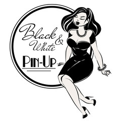 Black and white pin-up plus size sexy woman with retro logo design, hand drawn vector illustration