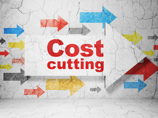 Business concept:  arrow with Cost Cutting on grunge textured concrete wall background, 3D rendering