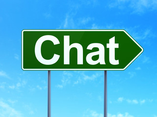 Web design concept: Chat on green road highway sign, clear blue sky background, 3D rendering