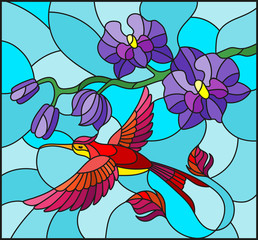 Illustration in stained glass style with a branch of purple Orchid and bright bird Hummingbird on a blue background