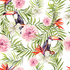 Beautiful watercolor seamless, tropical jungle floral pattern background with palm leaves, flower hibiscus and rose, bird tukan.  © knopazyzy