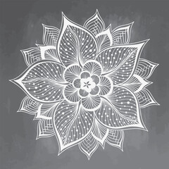 Doodle mandala flower on chalkboard. Outline floral design element. Decorative round flower. Anti-stress therapy pattern on black background. Meditation poster. Vector illustration