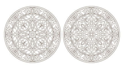 Set contour illustrations of stained glass, round stained glass floral, dark outline on a white background