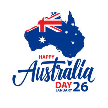 Happy Australia Day, january 26 celebrate card with hand lettering and brush stroke map of Australia and australian flag. Vector Illustration.