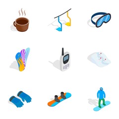 Snowboard equipment icons set, isometric 3d style